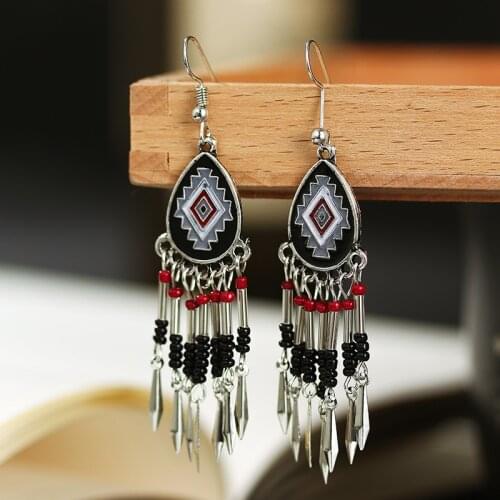 Ethnic Geometric Oil Painting Long Jhumka Earrings Summer Vintage Water Drop Earrings Alloy Tassel Dangle Earrings