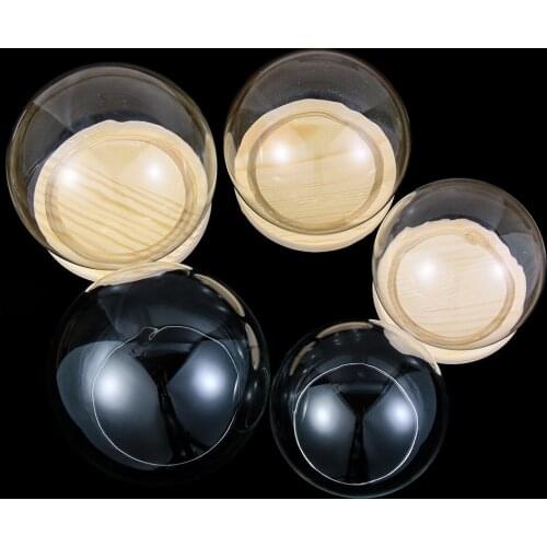 1 pc Spherical Glass Cloche Jar Stand Terrarium Bottle with Wooden Base Acrylic Dust Cover Display Flower Box