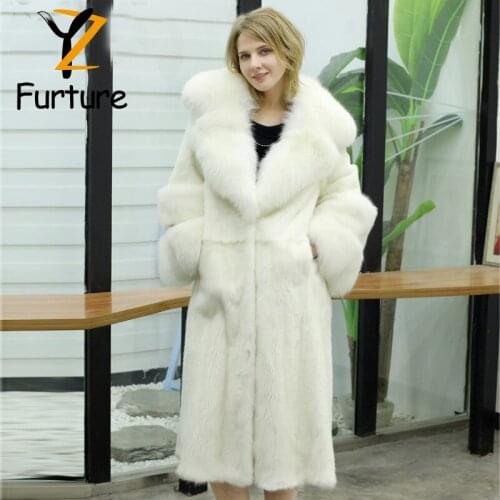 New Trendy Jacket Fur Coat Nature Mink Fur Coats For Women Big Furry White Fox Fur Collar Sleeves Capped Woman Winter 2021