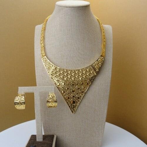 Yuminglai Dubai Costume Jewelry 24k Gold Color Plated Jewelry Sets Necklace and Earrings FHK5348