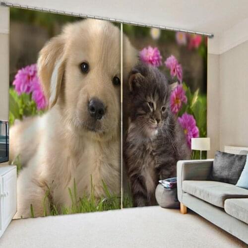 Dog Cat Printed Curtain for Living Room Adults Kids Bedroom Curtain Girly Window Animals Decorative Curtains Treatment Drapes