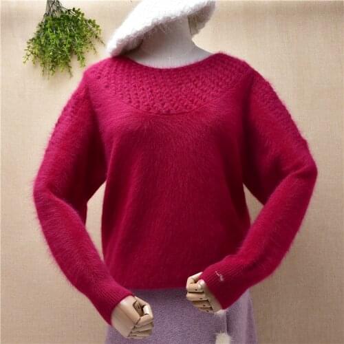 Ladies women vintage beading fall winter angora rabbit hair knitted long sleeves slim blouses pullover mink fur jumper sweater