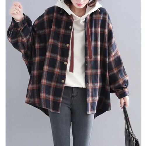 Spring New Women Jacket Loose All-Match BF Plaid Cardigans Tops Vintage Batwing Sleeve Casual Checkered Coats 2021 Chaquetas