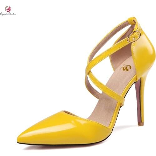 Original Intention Women Sandals Fashion Pointed Toe Thin Heels Sandals Black White Nude Pink Yellow Shoes Woman Plus Size 4-15