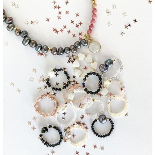 Natural Stone Black Beaded Rings for Women Imitation Pearls Rings Bohemian Jewelry Round Fashion Ring Party Birthday Gifts