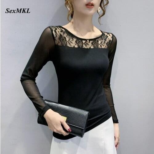 Plus Size Casual Black Blouses Women 2020 Fashion Long Sleeve Lace Patchwork Ladies Tops Korean Clothes Elegant Slim Sexy Blouse