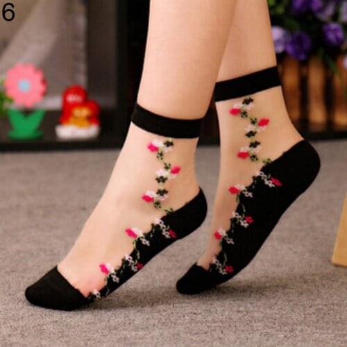 Womens Ultra-thin Transparent Rose Flower Pattern Elastic Short Ankle Socks