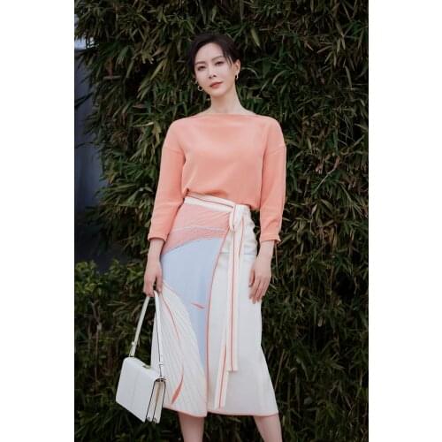Women Skirt Suit Star Brand Orange Pink Blouse Acetate Top Irregular Skirt Designer Elegant Set New