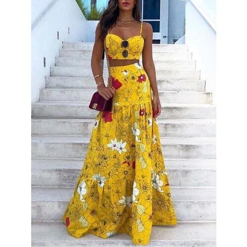Women Floral Print Skirt Suit Sexy Spaghetti Strap Crop Top And Maxi Skirt Two Piece Set Women Summer Dress Suits Ensemble Femme