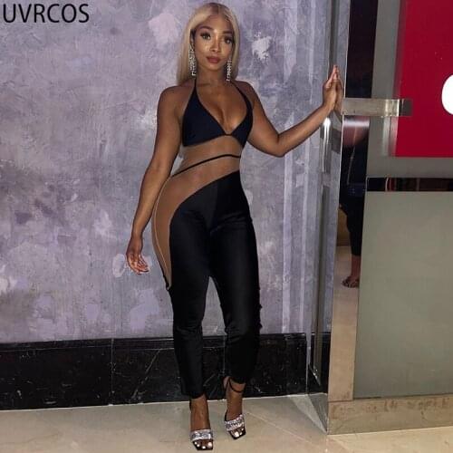 UVRCOS One Piece Jumpsuits Mode Femme 2021 New Arrival Cut Out Halter Sleeveless Slim Club Midnight Sexy Rompers Womens Overall