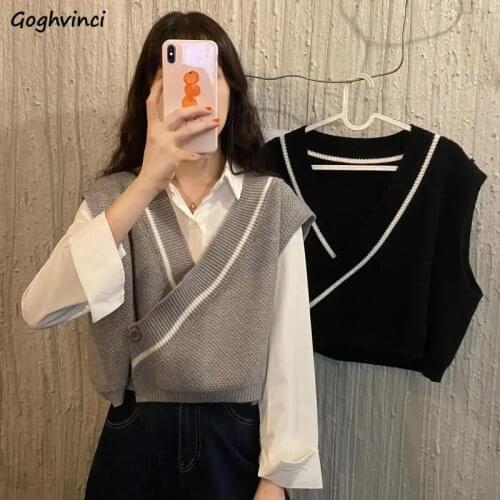 Women Sweater Vest Short-Style Student Korean Style Ulzzang Patchwork V-neck Single-button Waistcoat Simple All-match Knitwear