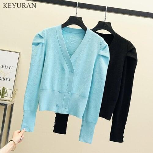 Knitted Cardigan Sweater Jacket 2021 Autumn New Women Korean Puff Long Sleeve V-neck Double Breasted Knitwear Sweater Coat Tops