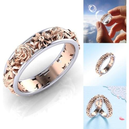 Women Rose Gold Hollow Flower Ring Wedding Bridal Ring Gift Crystal Fashion Creative Exquisite Rings