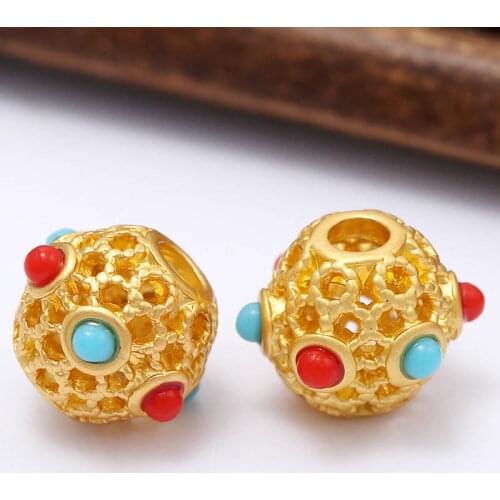 10pc Retro Nepal Beads Handmade Red Blue Beads Antique Alluvial Gold Color Spacer Beads For DIY Bracelet Earring Jewelry Making
