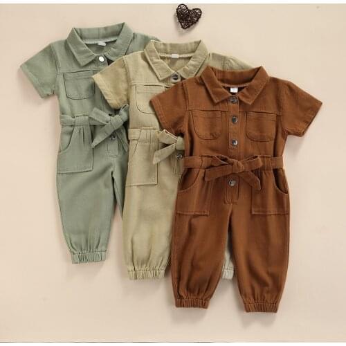 2021 Lovely Children Girl’s Casual Long Sleeve Jumpsuit Fashion Solid Color Lapel Pocket Single-breasted Long Pants 1-5 Years
