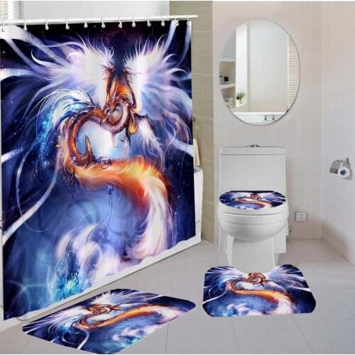 3/4 Pieces Phoenix Shower Curtains Sets Cute Toilet Mat Bathroom 3D Printing Non-slip Decor Set Auspicious Animal Pedestal Rug