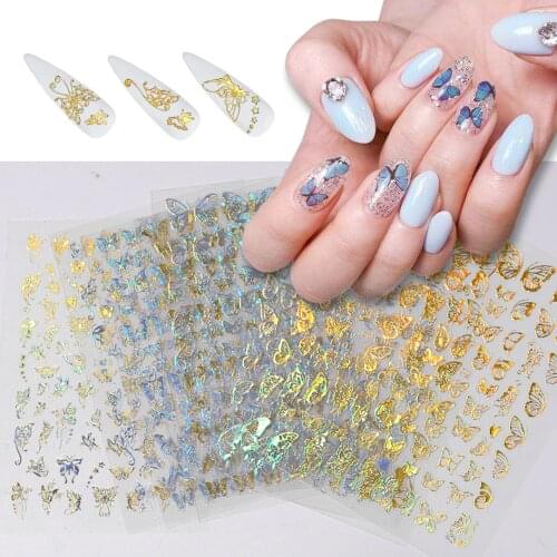 4PCS/SET 3D Nail Stickers Butterfly Hollowing Design Transfer Sticker Laser Gold Silver Adhensive Decal Nail Art Decoration