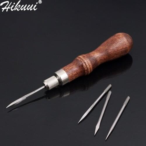 4 in 1 Leather Stitching Awl Wood Handle Needle Awl Tools For Leather Craft DIY Wooden Steel Diamond Punch Awl Accessories