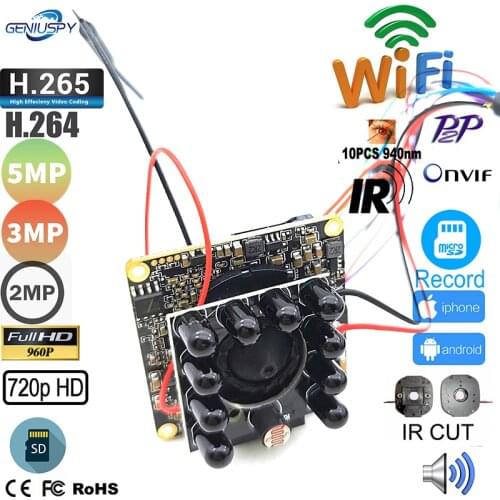 Camhi WiFi H.265 H.264 Wireless CCTV IP Camera SD Card PCB Board Module Pin Hole LENS & Antenna&Audio&940nm IR Led IR-Cut