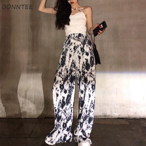 Casual Pants Women Full Length Spring College Loose All-match Elastic Waist Fashion Wide Leg Trousers Harajuku Oversized Tie Dye