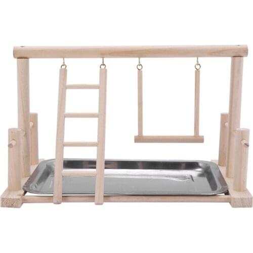 Wood Play Stand and Stainless Steel Tray Pet Bird Frame Station Parrots Playground Perch Gym Training Stand Bird Comfortable Toy