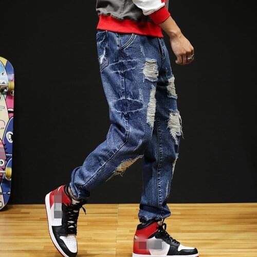 Summer Big Ripped Hole Vintage Jeans Men Fashion Loose Fit Cowboy Harem Pants Hip Hop Streetwear Jeans Hombre Plus Size 44 Blue