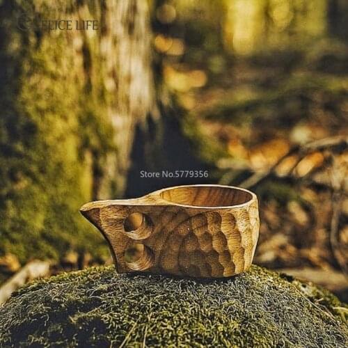 Finland Kuksa Portable Coffee Mug Rubber Wood Handle Two Hole Cowhide Rope Hook Juice Milk Tea Coffee Drinking Cup Drinkware
