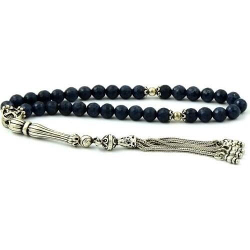 Silver Faceted Lavy Blue Sapphire Gemstone Prayer Rosary Men Sphere Cut Rosary With Silver Tassel Turkish Tasbih Ornate Tassel
