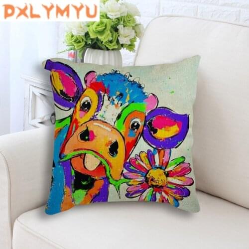 Car Backrest Colorful Cushion Decorative Seat Linen Cushions Sofa Home Decor Oil Painting Cow Printed Throw Pillow Nordic Style