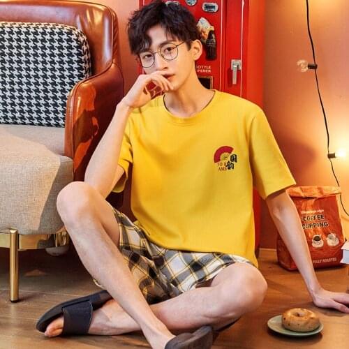 Fashion Yellow Chinese Style Pajamas Set For Men Cotton Short-Sleeved Homewear Mens Summer Thin Leisure Loose Plaid Sleepwear