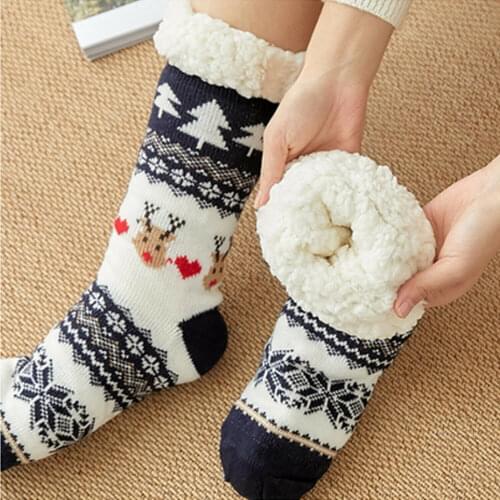 Winter Womens Warm Thick Comfortable With Striped Dotted Yarn Christmas Fuzzy Wool Lined Slippers Bed Socks Lamb Wool Socks