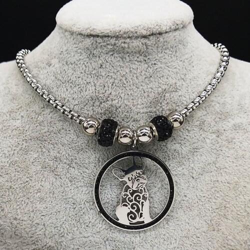 2021 Animal French Bulldog Black Crystal Stainless Steel Necklace Women Bead Silver Color Neckless Jewelry collar mujer N124S01