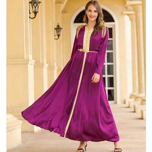 Muslim Dress Women Handmade Beaded Tassel Epaulet Middle East Woven Satin Dress Robe Belt Muslim Fashion Abaya Dubai Turkey