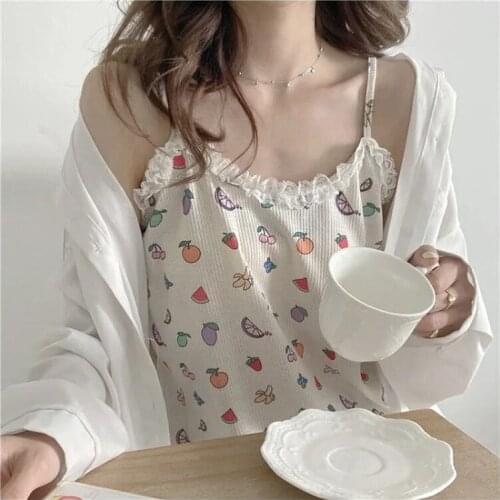 QWEEK Womens Pajamas Japanese Style Kawaii Lace Fruit Print Pyjamas Sleepwear Cotton Pijamas Teen Girls Home Clothes Nightwear