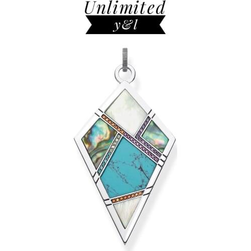 Blue Stone Graphic Quadrilateral Pendant Shell Lucky Symbols 925 Sterling Silver Jewelry Accessories fit Necklace Women Men Gift