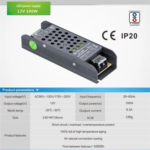 AC 100V - 250V to DC 12Vdc 8.3A DC 24V 4.17A 100w lighting transformer 3 years warranty CE Rohs EMC LVD