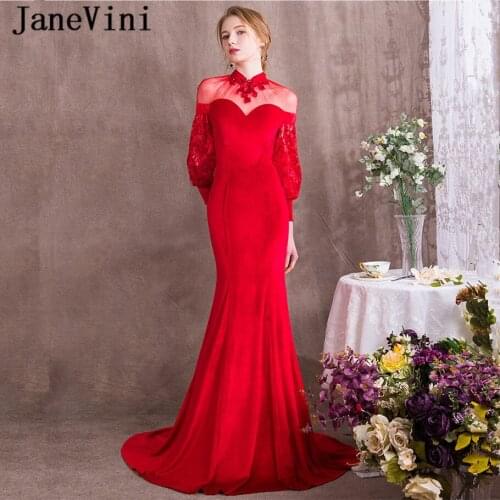 JaneVini Vintage Velvet Sequins Mother of The Bride Dresses Mermaid High Neck Long Sleeve Sheer Back Plus Size Red Evening Gowns