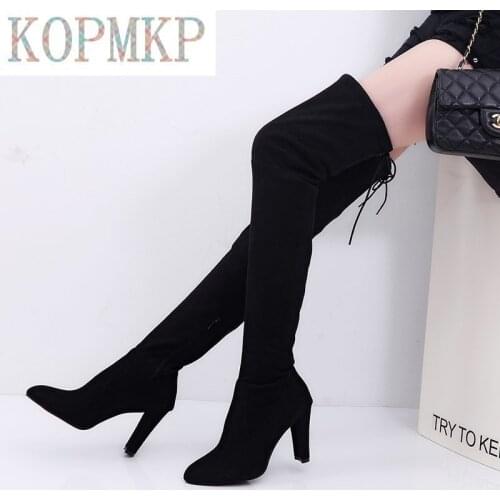 Womens Stretch Over The Knee Boots Suede Pointed Toe High Heels Zipper Boots Winter Thigh High Kopmkp Boots Large Size 34-43