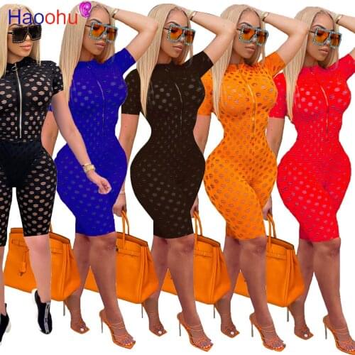 HAOOHU Women Playsuits Solid Hole See-through Zipper Short Sleeve Sheath Elastic Playsuit Female Summer Casual Streetwear 2021