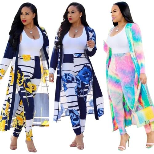 Sexy Printting Long Sleeve Cardigan Coat And Trousers Women Casual Suit Autumn Winter New Style Two Piece Set