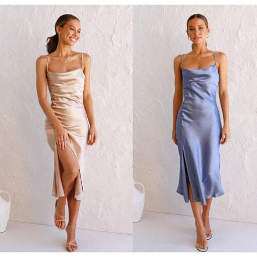 2021 Satin Camisole Sexy Dress Women Solid Straight Slim Party Dress Elegant Female Summer Spaghetti Strap White Dresses Casual
