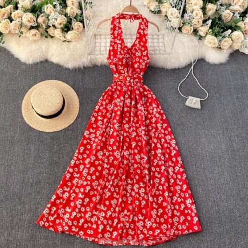 2021 Women Summer Bohemian Long Dress Sexy V-neck Backless Ruffle Floral Print Dress Elegant Sleeveless Beach Vestidos