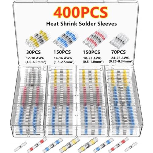 400PCS Solder Seal Heat Shrink Tubing Wire Connectors Waterproof Insulation Terminal Assembly Box Yellow/Blue/Red/White 4Sizes