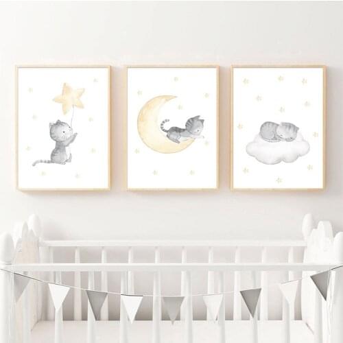 Watercolor Cat Animal Moon Yellow Poster Canvas Art Print Baby Nursery Wall Painting Decorative Picture Girl Boy Bedroom Decor