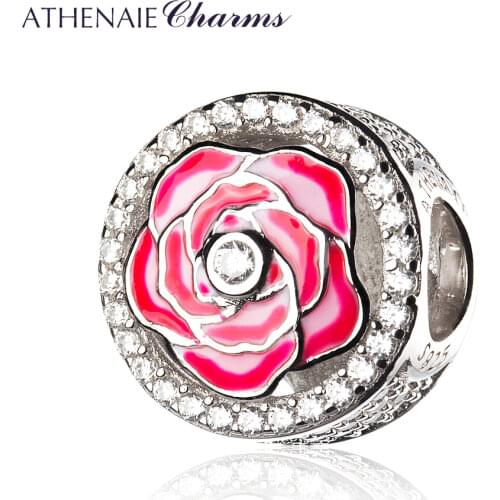 ATHENAIE 925 Sterling Silver Pave Clear CZ Enamel Peony Flowers Bloom Bead Charms Color Red