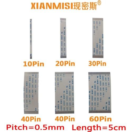 FFC/FPC Flat Flex Extension Cable 10Pin 20Pin 30Pin 40Pin 50Pin 60Pin Same Side 0.5mm Pitch AWM VW 20624 80C 60V Length 5cm 5PCS