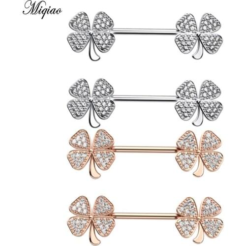 Miqiao 2pcs New 4-leaf Grass Zircon Breast Ring Breast Nail Stainless Steel Body Piercing Jewelry