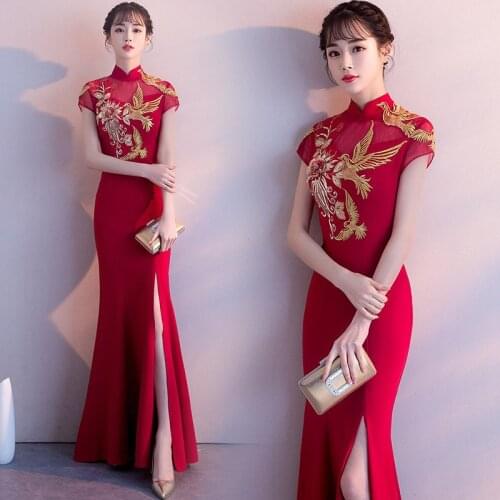 Red Mermaid Wedding Dress Elegant Traditional Evening Gown Cheongsam Dress Sexy Long Qipao Embroidery Bridesmaid Dresses Wine