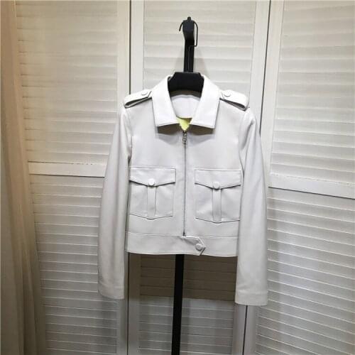 Euopen Style Spring 2021 Womens White leather jackets High quality genuine leather pockets short Coat C395