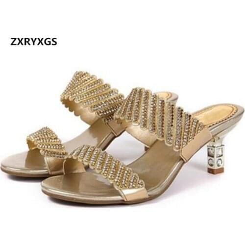 Best Sale 2020 New Summer Open Toe Rhinestone Shoes Fashion Sandals Slippers with Fine Heel Genuine Leather Shoes Women Sandals